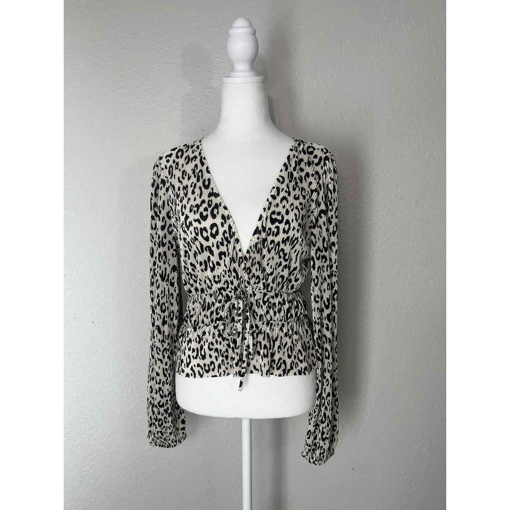 Zara Pleated Long‎ Sleeve Animal Print Top Women's Size Medium A3 - Picture 3 of 9